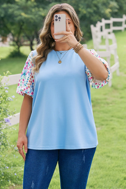 Plus Size Textured Bodice Floral Puff Sleeve Top - Plus Size Clothing
