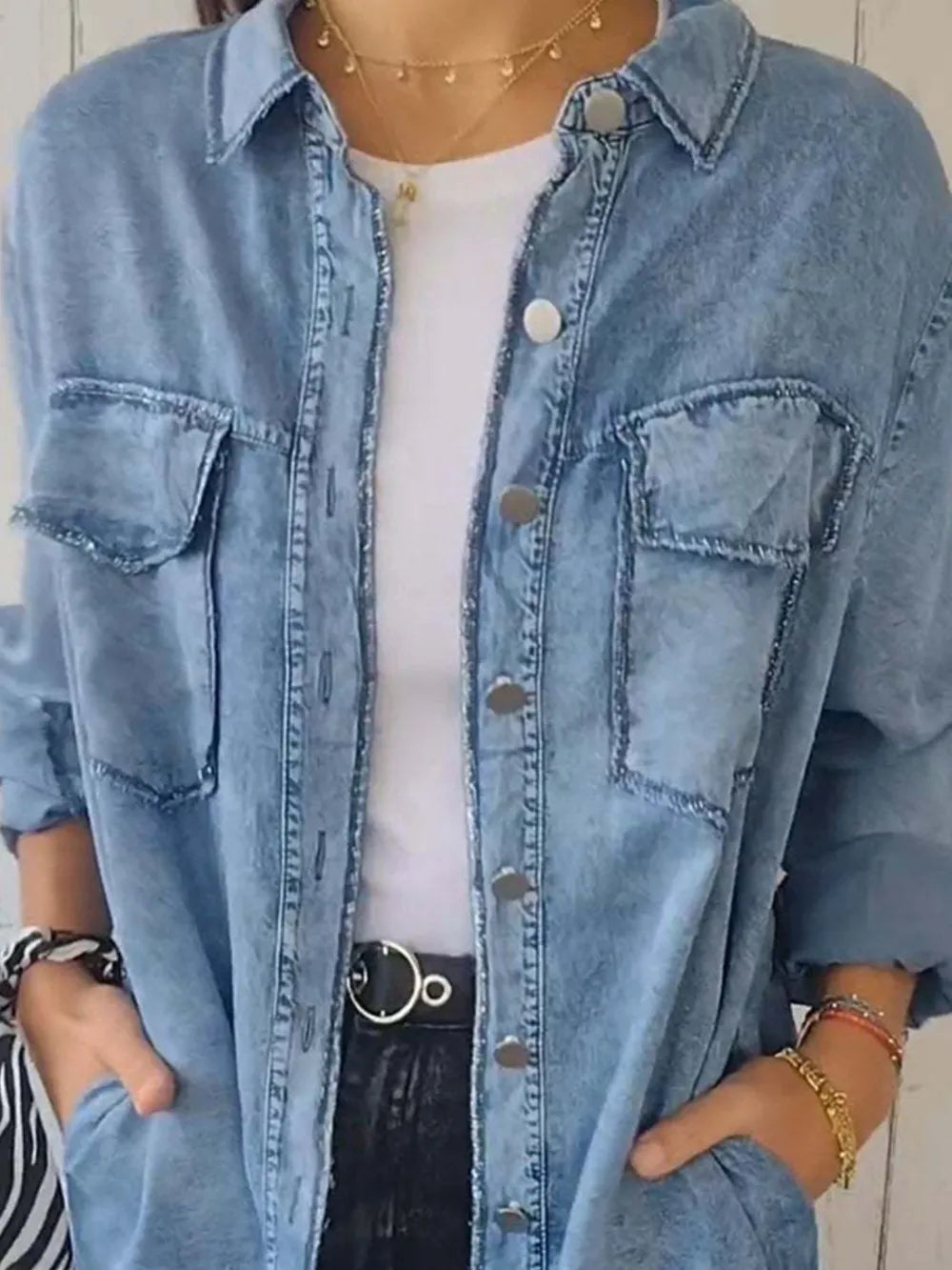 Plus Size Raw Hem Button Up Long Sleeve Denim Top