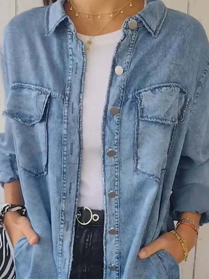 Plus Size Raw Hem Button Up Long Sleeve Denim Top