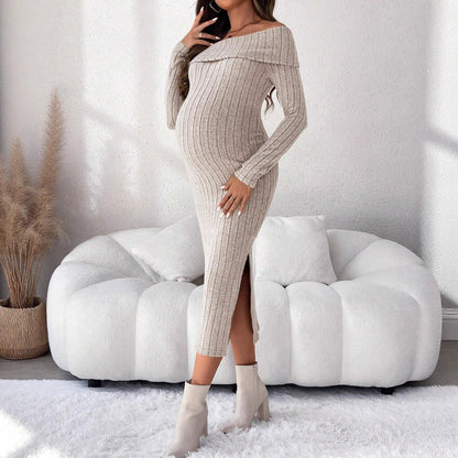 One-Shoulder Off-Shoulder, Fitted Bodycon Long Sleeve Knit Maternity Dress - Plus Size Clothing