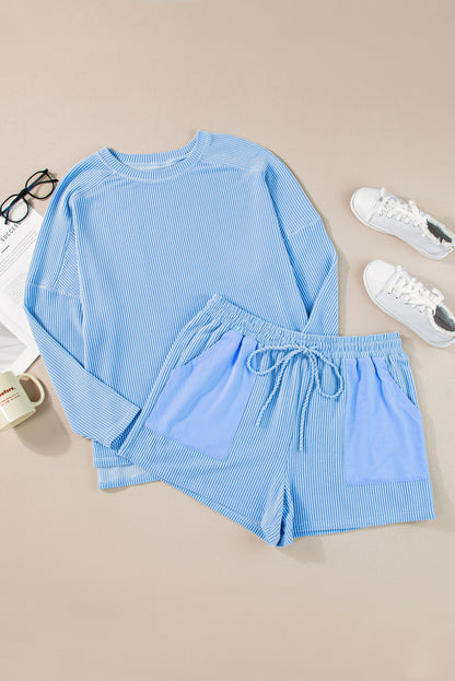 Plus Size Ribbed Long Sleeve Top and Shorts Set
