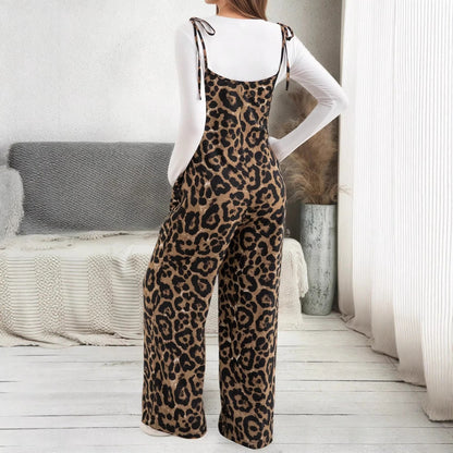 maternity wear leopard print overalls adjustable shoulder straps wide-leg pants - Plus Size Clothing