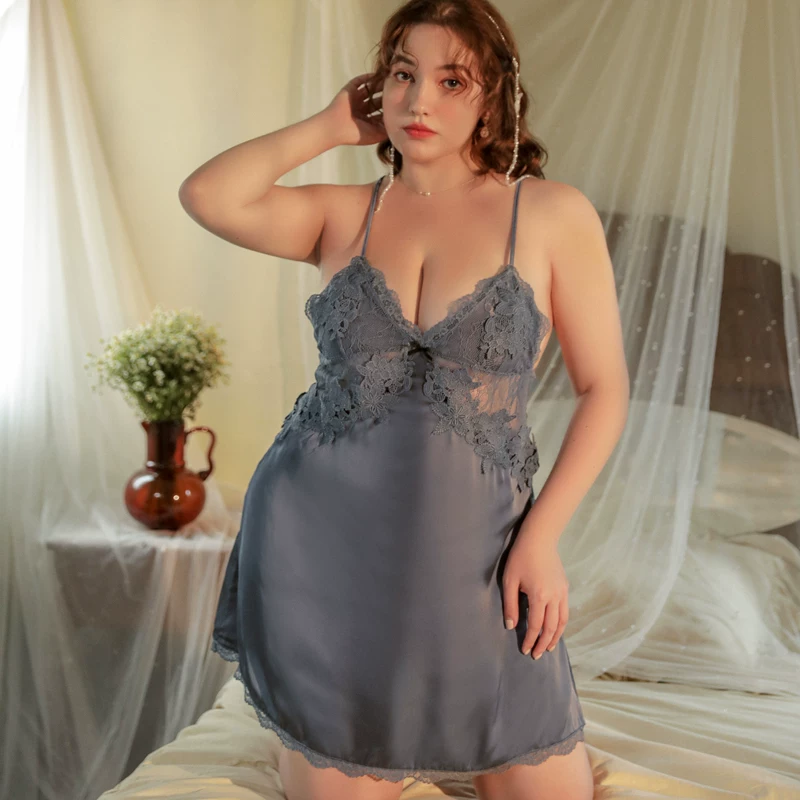 Sexy pajama plus size ice silk imitation silk set, high-end with chest cushion, suspender, nightgown set, fat