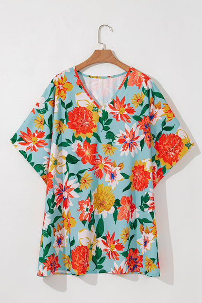 Plus Size Floral V-Neck Batwing Blouse - Plus Size XL-4XL - View 8