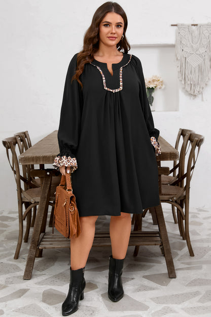 Plus Size Notched Neck Leopard Trim Flounce Dress - Plus Size XL-4XL - View 5