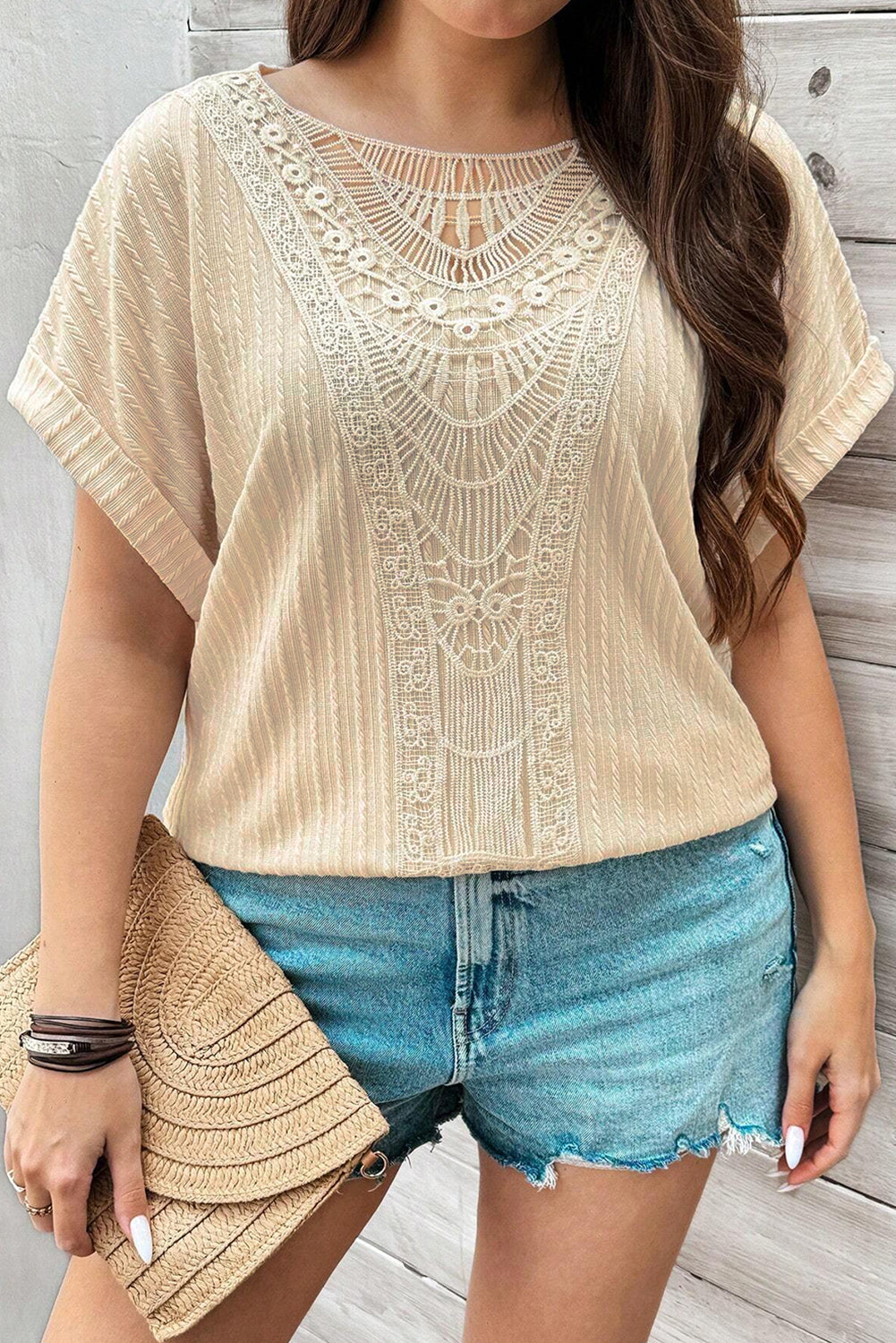 Plus Size Lace Crochet Cable Knit Cuffed Sleeve Top - Plus Size XL-4XL - View 1