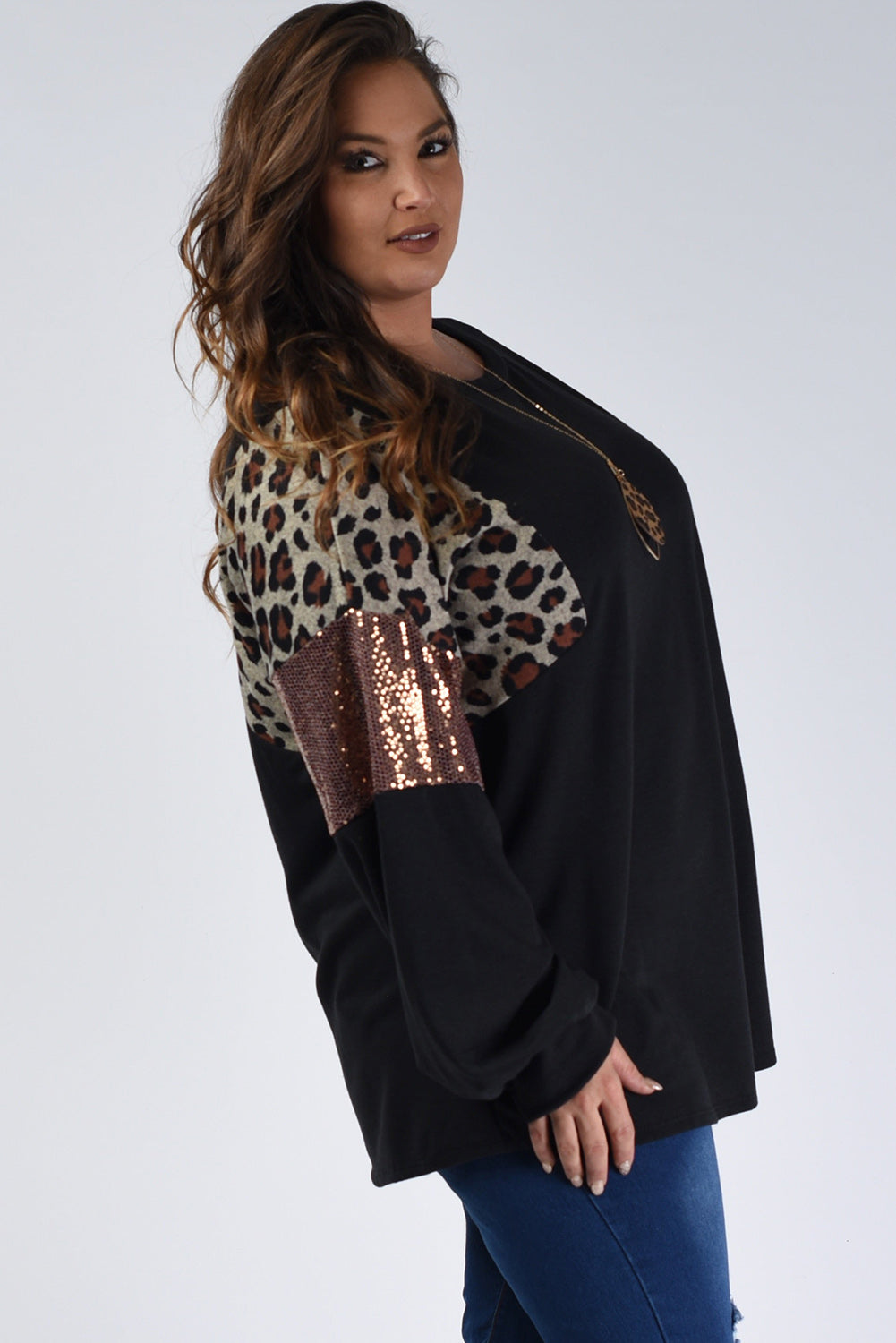 Plus Size Leopard Sequin Long Sleeve Top