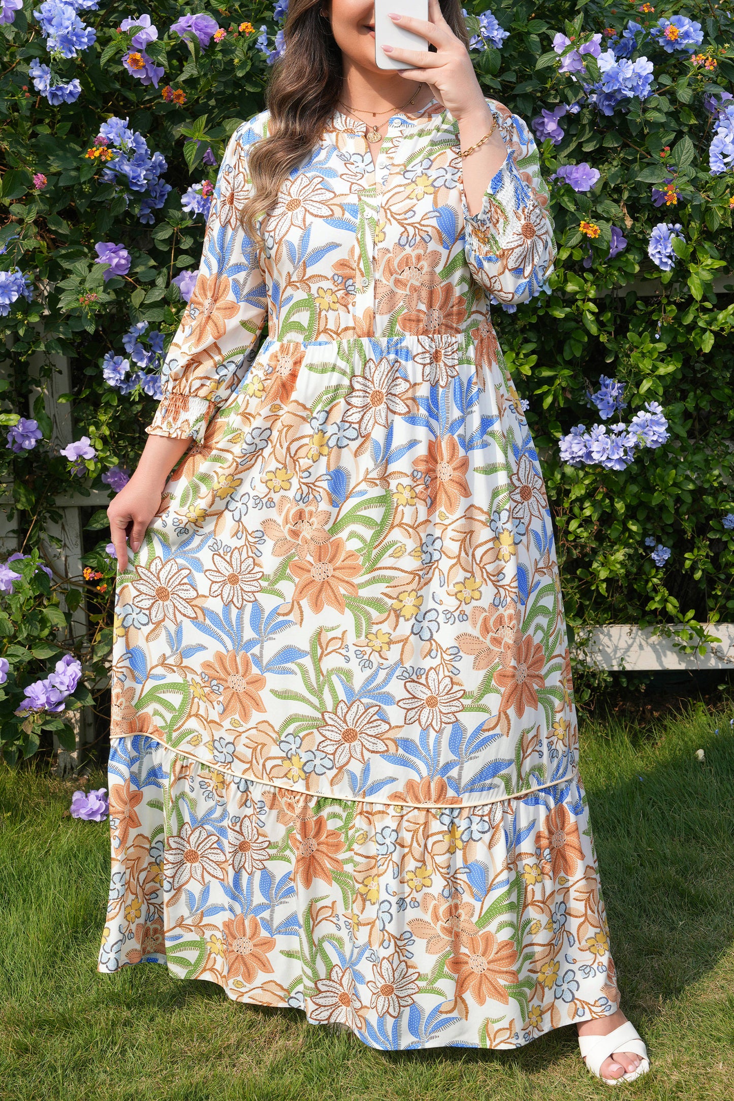 Plus Size Khaki Floral Tiered Midi Dress 3/4 Sleeve
