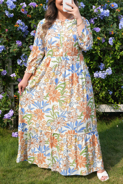 Plus Size Khaki Floral Tiered Midi Dress 3/4 Sleeve
