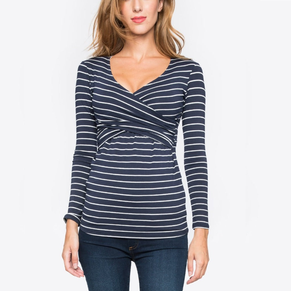 Autumn new V-neck long sleeved striped maternity postpartum clothing breastfeeding T-shirt - Plus Size Clothing