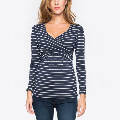 Autumn new V-neck long sleeved striped maternity postpartum clothing breastfeeding T-shirt - Plus Size Clothing