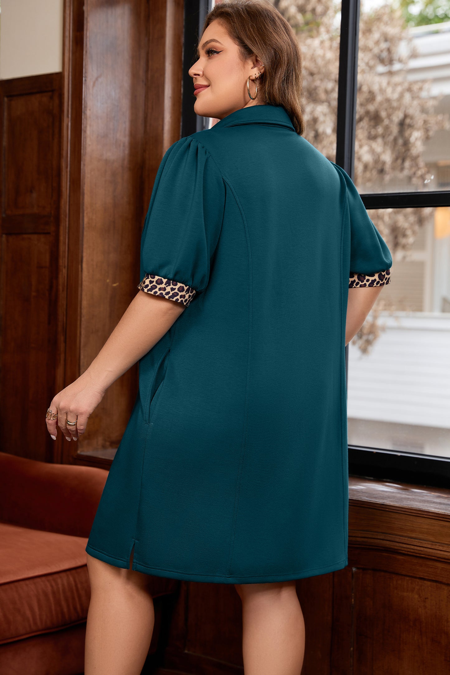 Plus Size Leopard Patchwork Quarter Zip Mini Dress - Plus Size XL-4XL - View 2