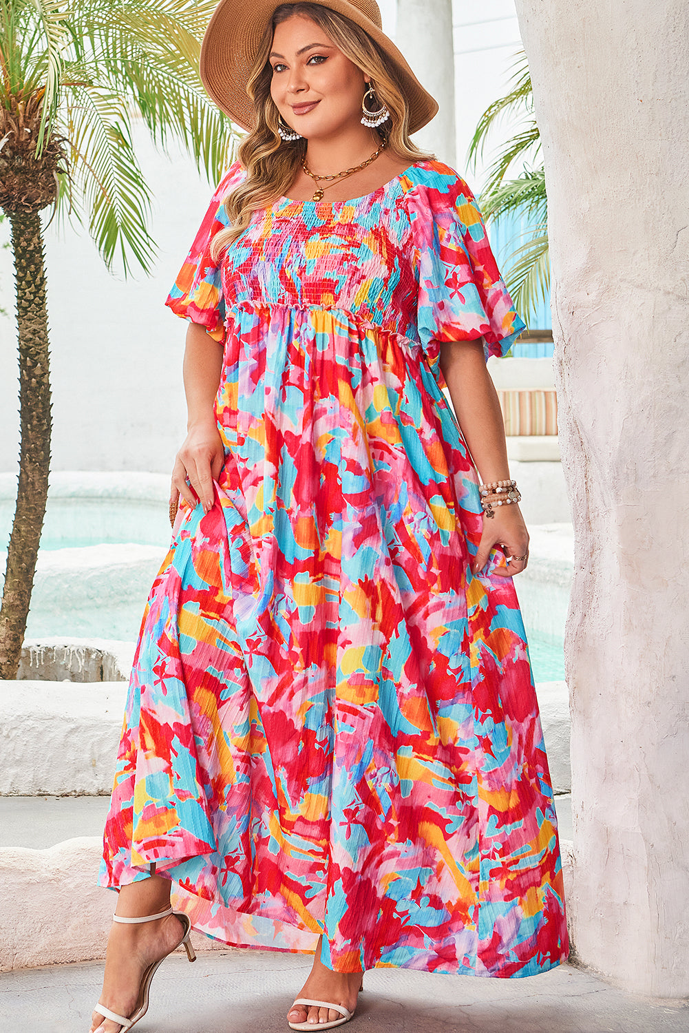 Plus Size Rose Abstract Puff Sleeve Square Neck Dress