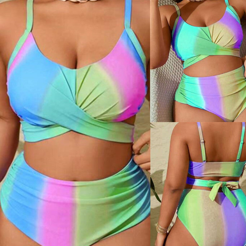 Plus Size Rainbow Stripe Two-Piece Bikini Swimwear