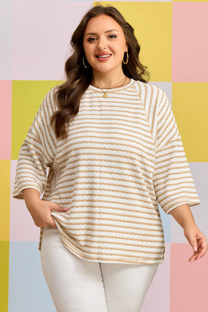 Plus Size Striped Textured Patchwork Half Sleeve Top - Plus Size XL-4XL - View 4
