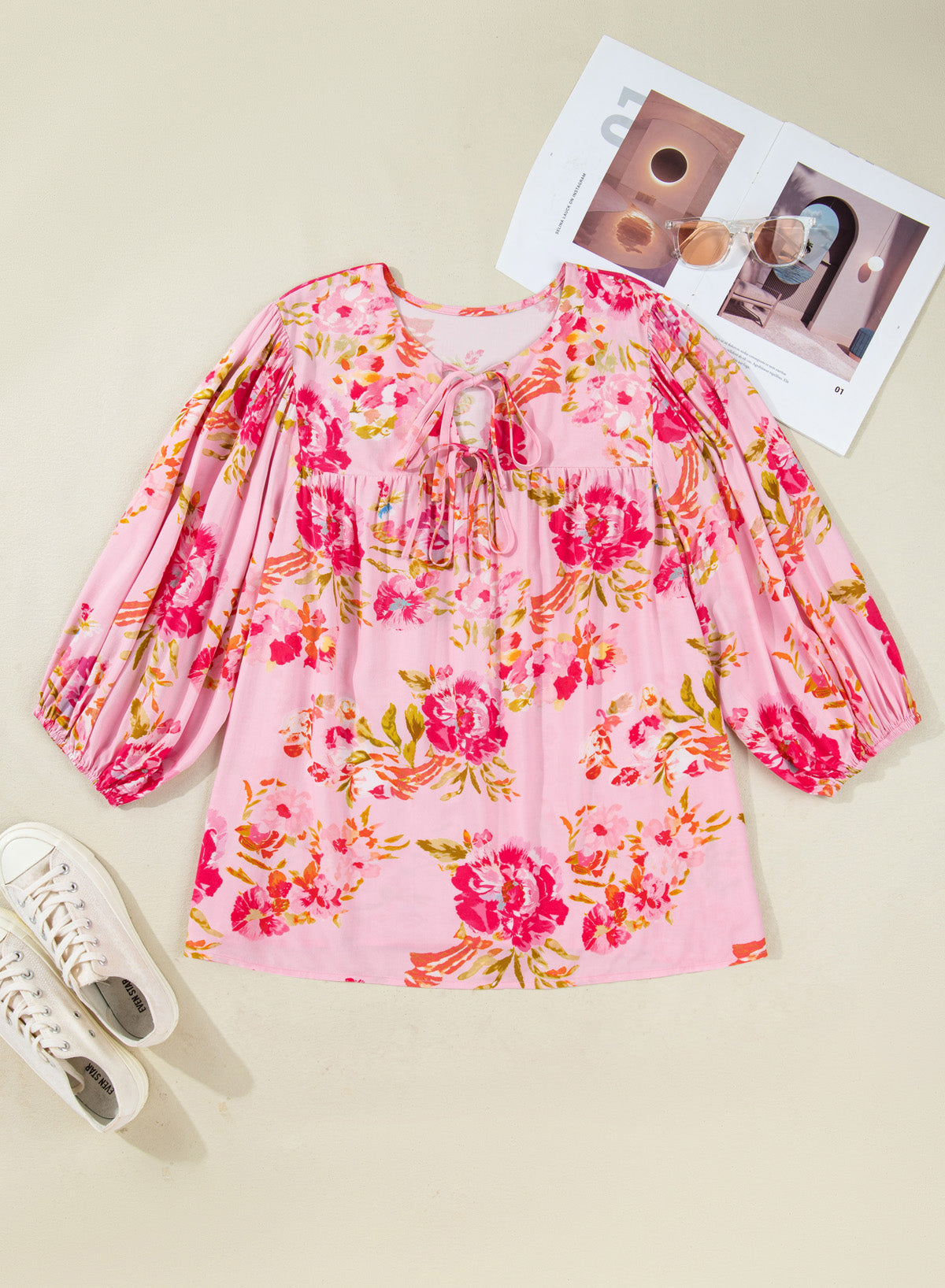 Plus Size Floral V Neck Tie Front Tunic Top