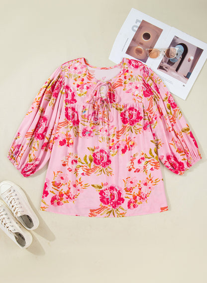 Plus Size Floral V Neck Tie Front Tunic Top