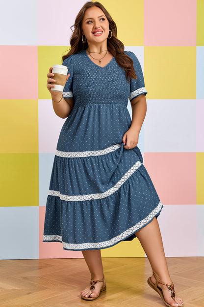 Plus Size V Neck Swiss Dot Lace Midi Dress - Plus Size XL-4XL - View 7
