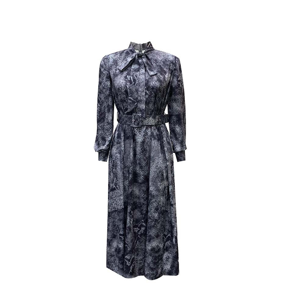 Long Sleeve High Waist Printed Plus Size Banquet Dress with Belt