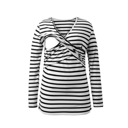 Autumn new V-neck long sleeved striped maternity postpartum clothing breastfeeding T-shirt - Plus Size Clothing