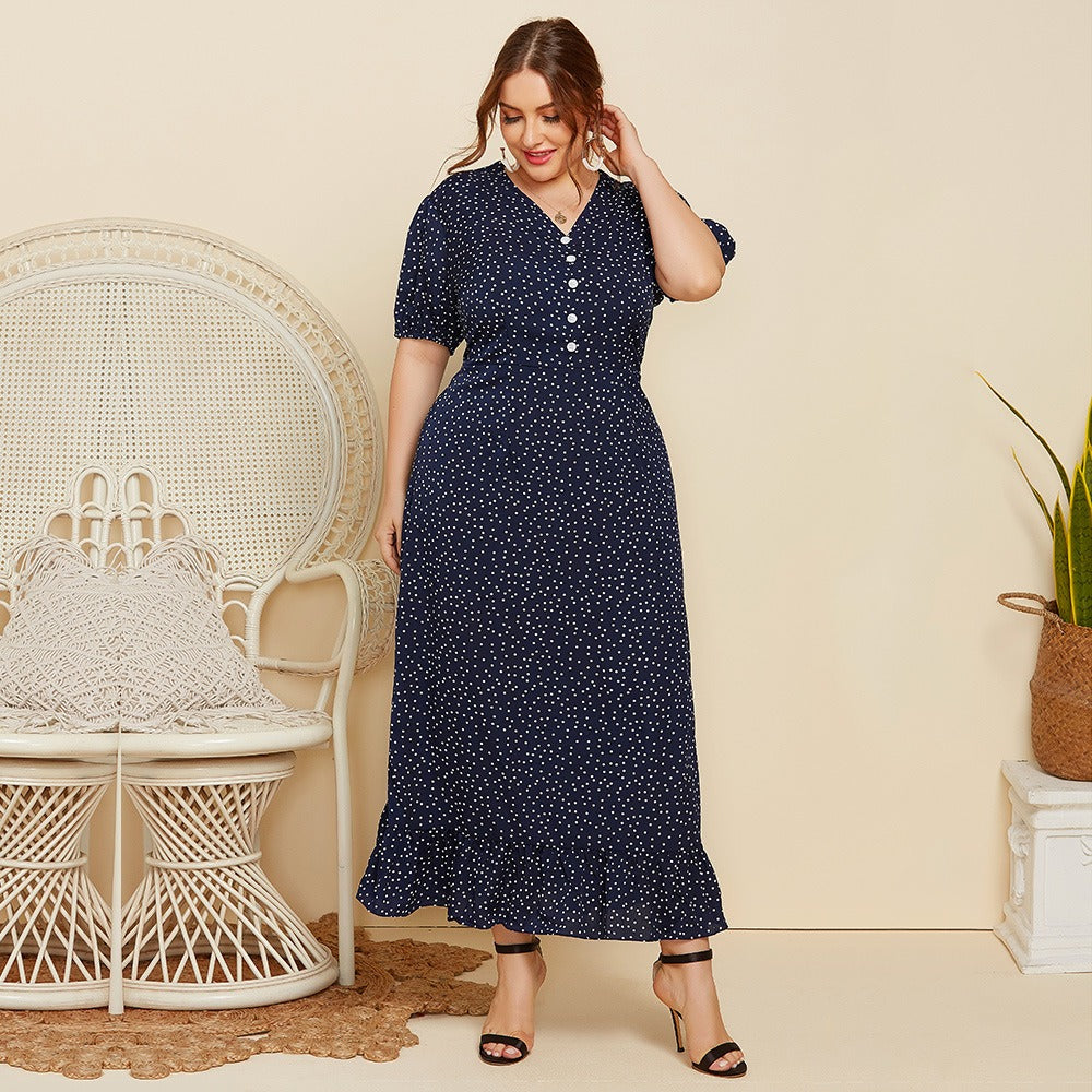 Large Size Women Summer Polka Dot Fashion Short Sleeved Plus Fat Long Fashion Dress JR052 - Plus Size Clothing