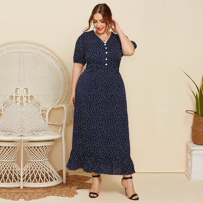 Large Size Women Summer Polka Dot Fashion Short Sleeved Plus Fat Long Fashion Dress JR052 - Plus Size Clothing