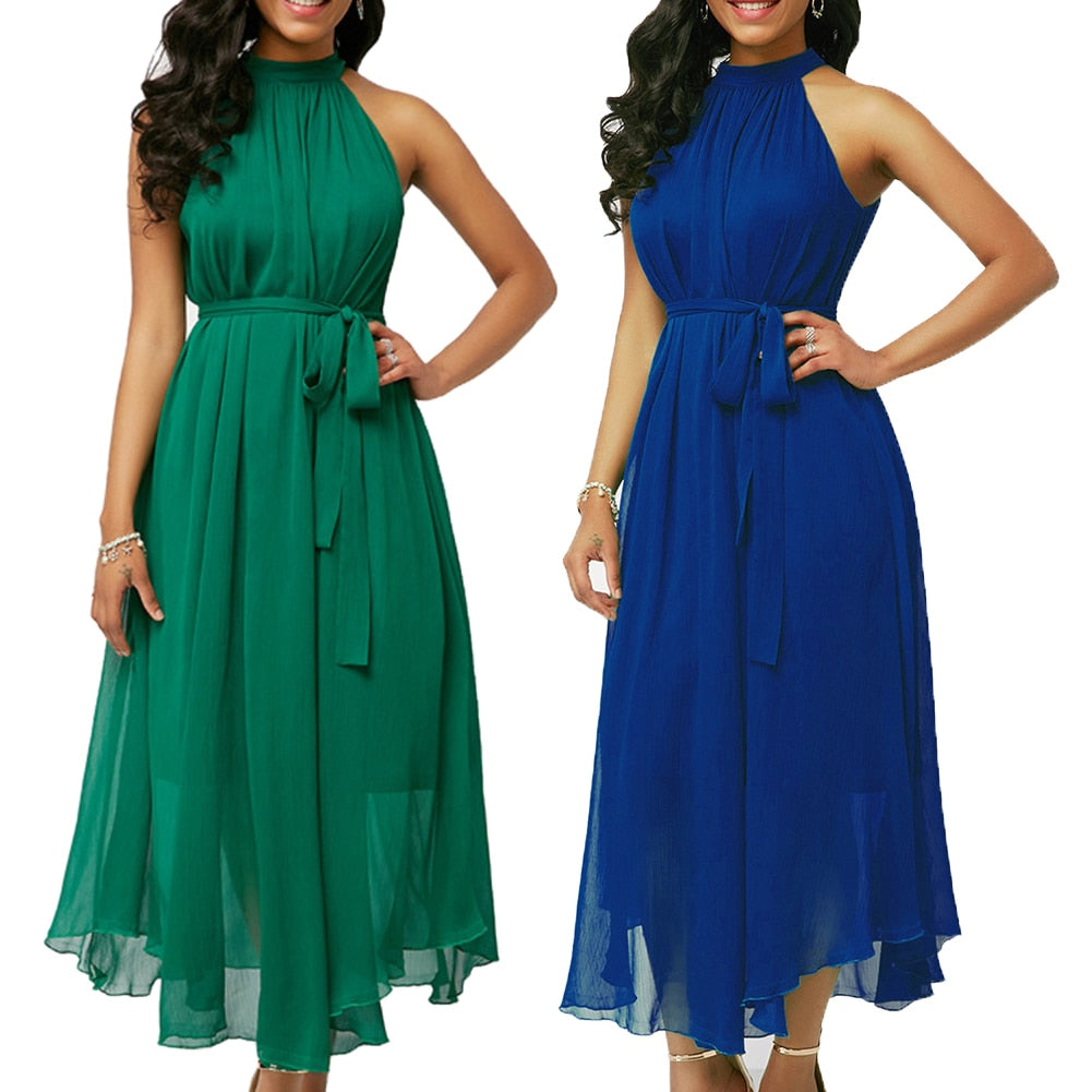 Plus Size Summer Pleated Chiffon Sleeveless Maxi Dress