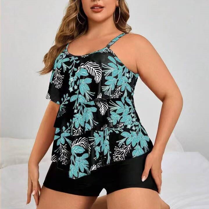 Plus Size Floral Tankini with Ruffled Trim