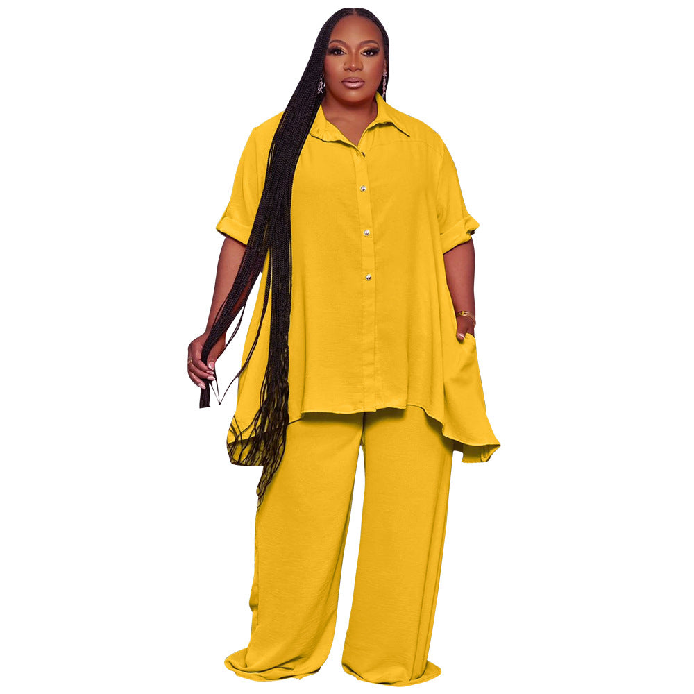 Plus Size Minimalist Button Top Wide Leg Pants Set