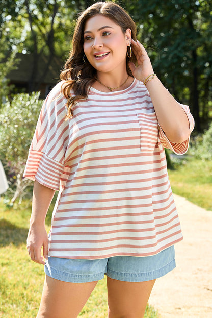 Plus Size Striped Waffle Knit Pocketed T Shirt - Plus Size Clothing