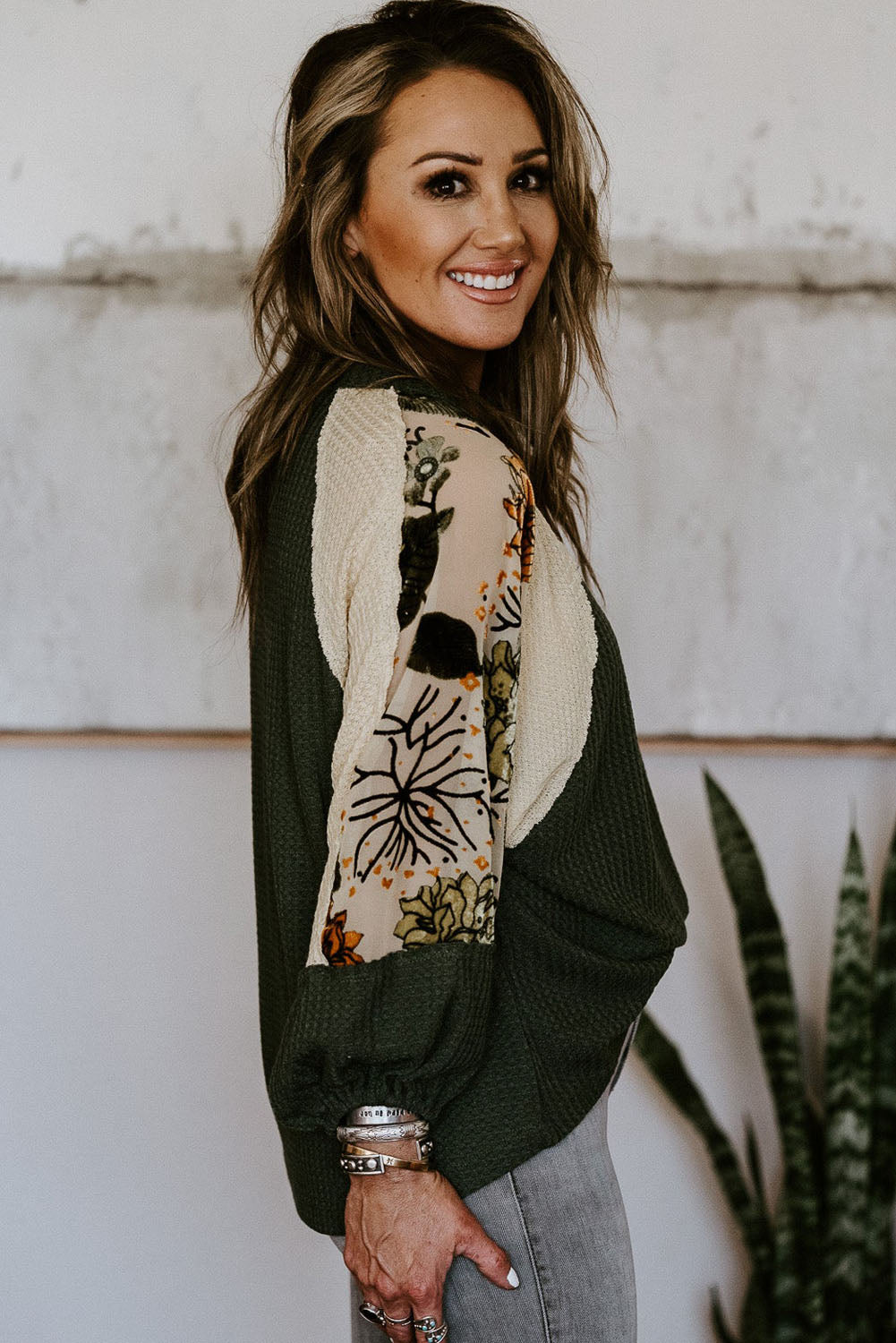 Plus Size Floral Raglan Colorblock Patchwork Knit Blouse