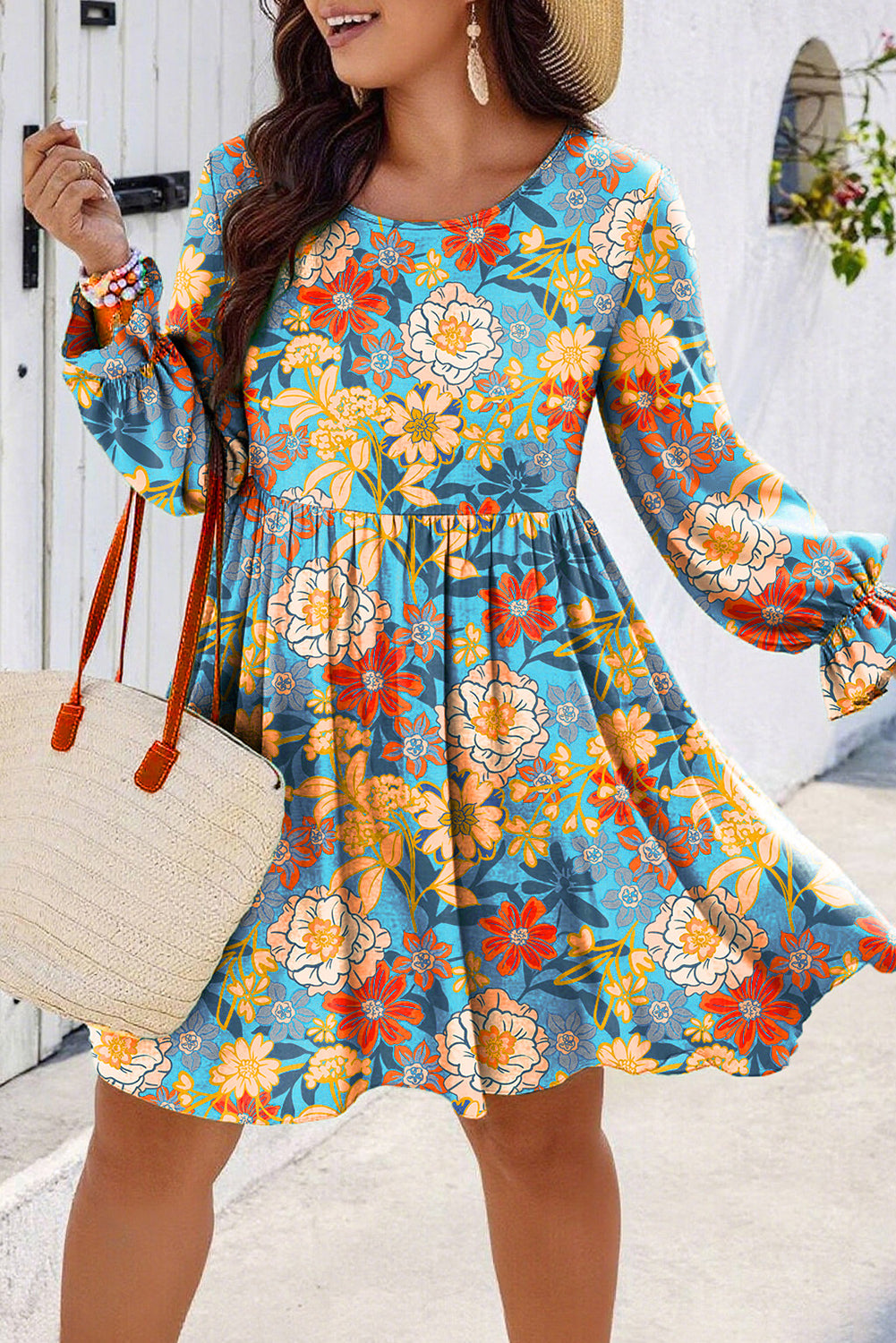 Plus Size Floral Ruffled Long Sleeve Flowy Mini Dress - Plus Size XL-4XL - View 1