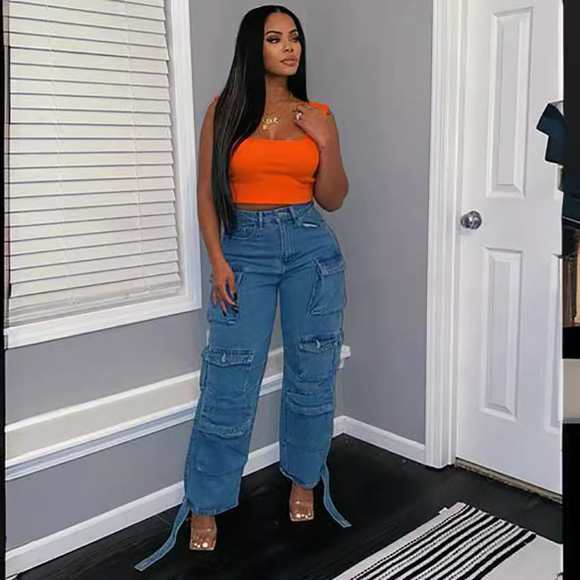 Plus Size Denim Cargo Pants with Multi-Pocket