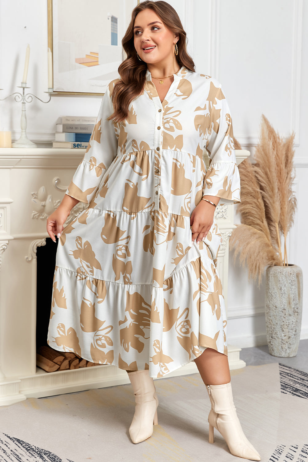 Plus Size Khaki Floral Ruffled Sleeve Tiered A-line Long Dress - Plus Size XL-4XL - View 7