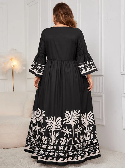 Plus Size Printed V-Neck Long Sleeve Maxi Dress - Plus Size Clothing