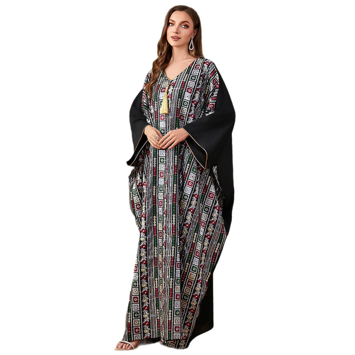 Plus Size Long Dress Batwing Sleeve Embroidered