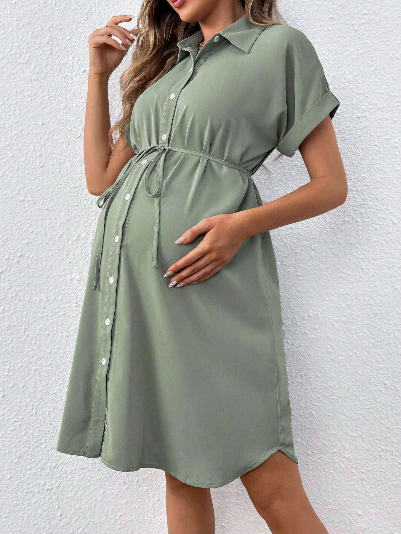 Plus Size Maternity Button Casual Midi Dress