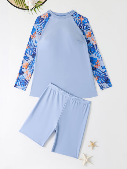 Plus Size Two-Piece Tankini Long Sleeve Swimwear - Plus Size Clothing