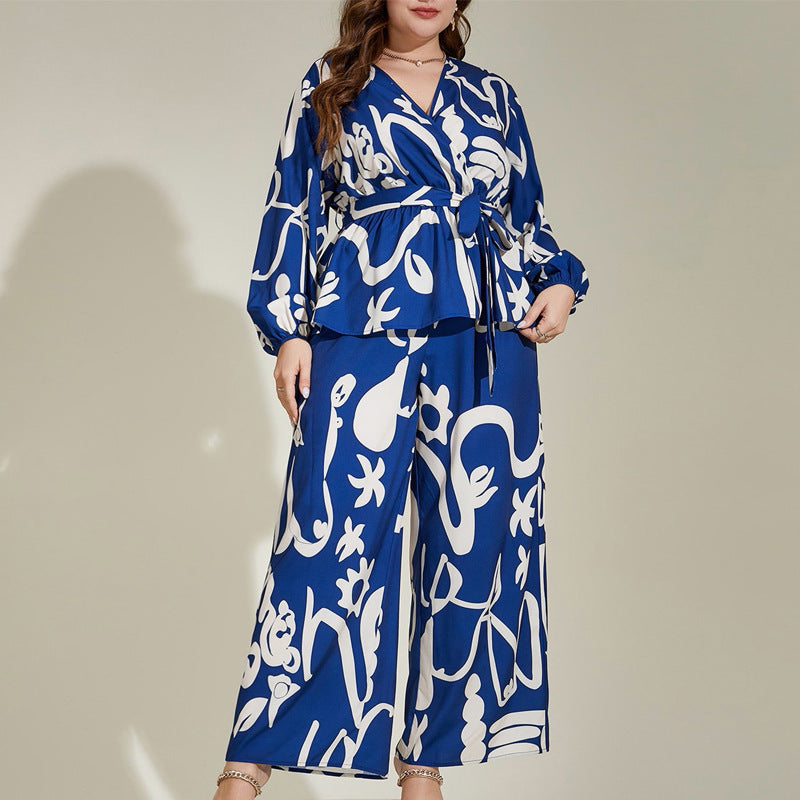 Plus Size Loose Retro Floral V-Neck Shirt Set