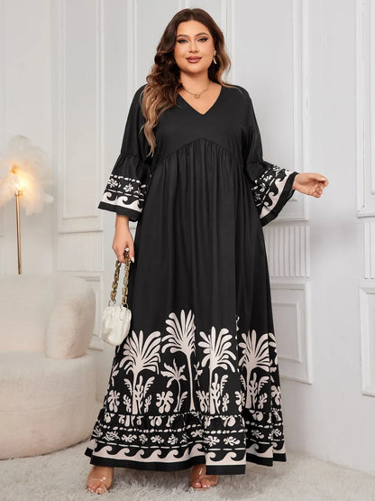 Plus Size Printed V-Neck Long Sleeve Maxi Dress - Plus Size Clothing
