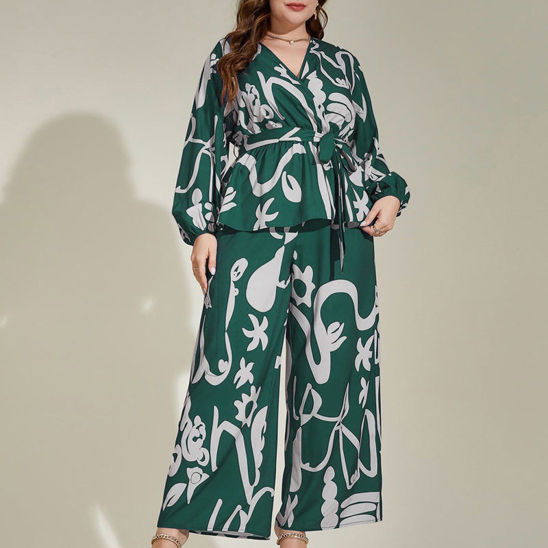 Plus Size Loose Retro Floral V-Neck Shirt Set