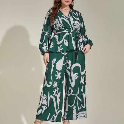 Plus Size Loose Retro Floral V-Neck Shirt Set