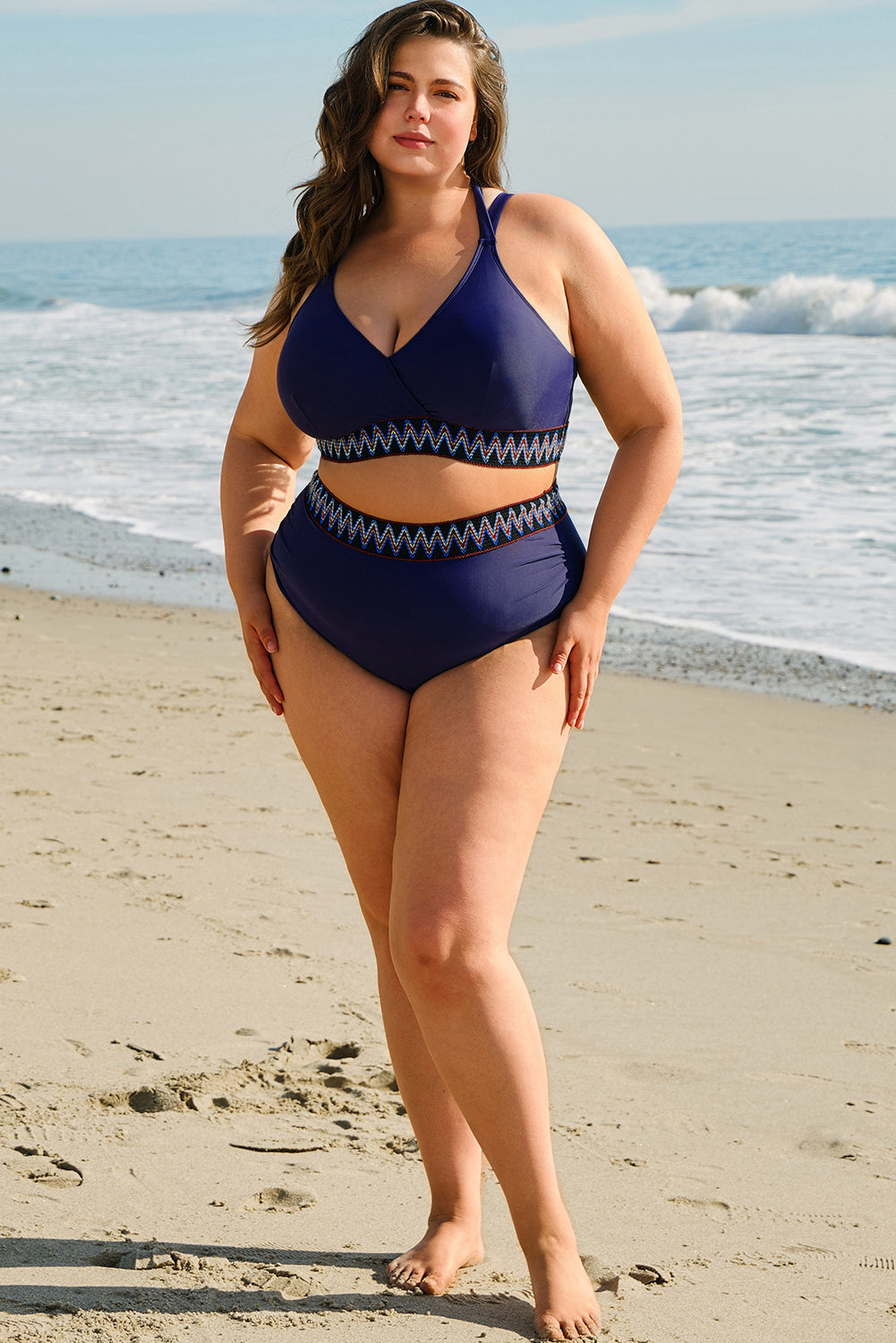 Plus Size High Waisted Embroidered Trim Wrap Bikini