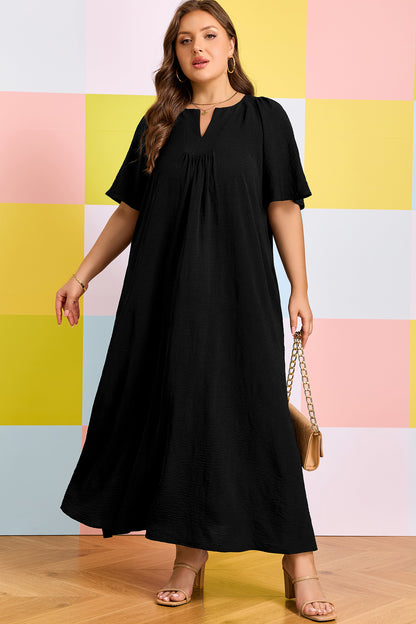 Plus Size Solid Notched Neck Short Sleeve Loose Dress - Plus Size XL-4XL - View 5