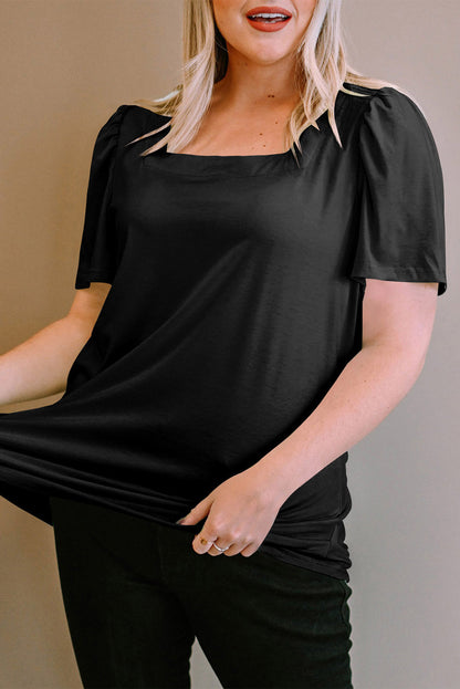 Plus Size Square Neck Ruched Shoulder Short Sleeve Top - Plus Size XL-4XL - View 4
