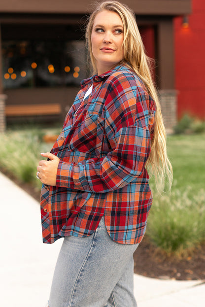 Plus Size Red Plaid Print Buttoned Shirt - Plus Size XL-4XL - View 3