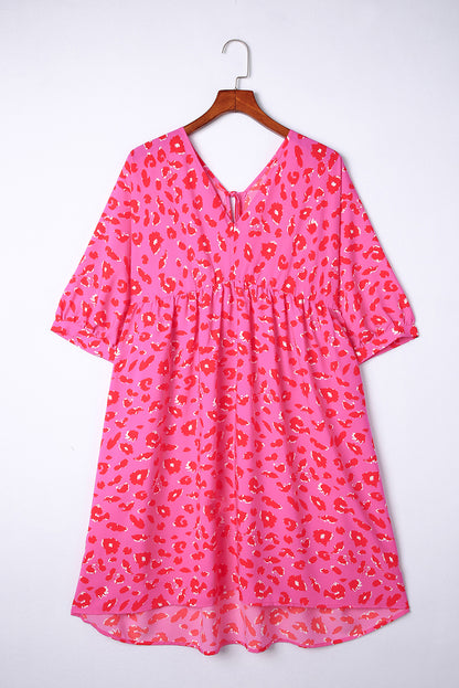 Plus Size 3/4 Sleeve V-Neck Leopard Babydoll Dress