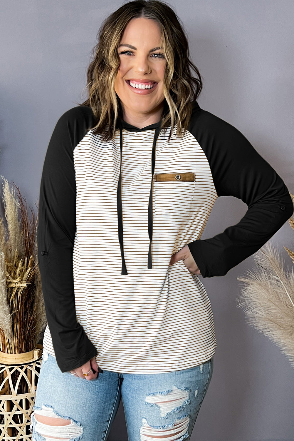 Plus Size Striped Raglan Hoodie with Pocket