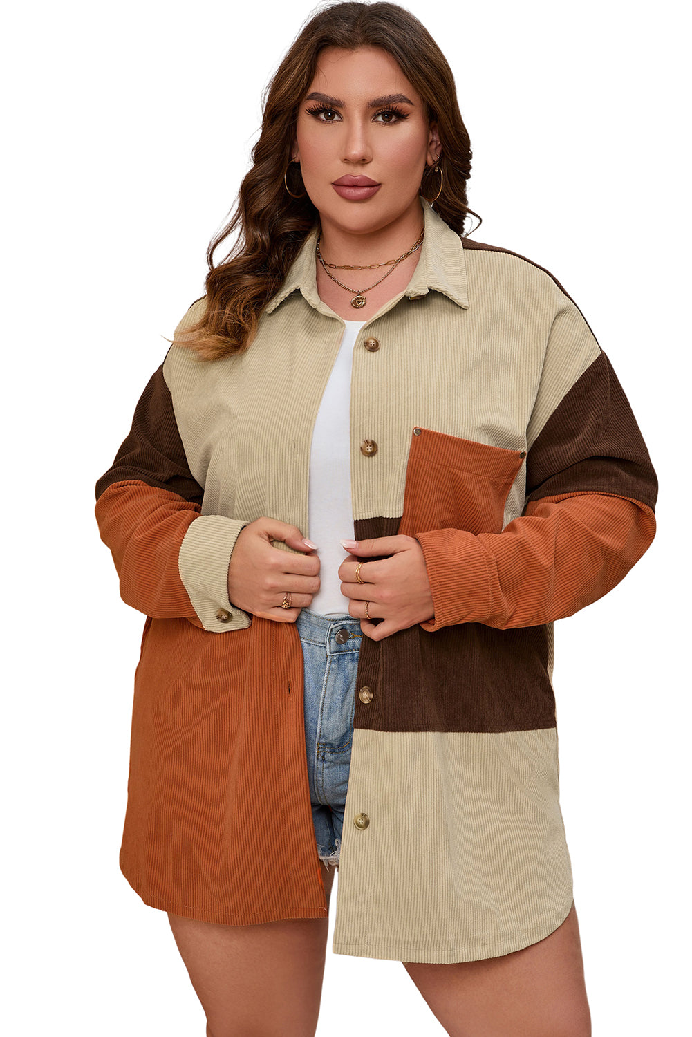Plus Size Brown Corduroy Pocket Jacket - Plus Size XL-4XL - View 7