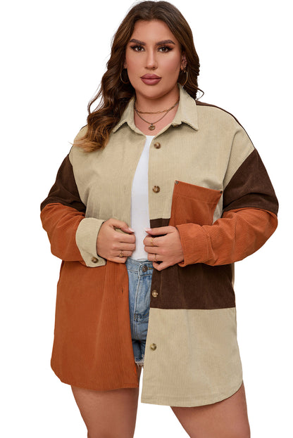 Plus Size Brown Corduroy Pocket Jacket - Plus Size XL-4XL - View 7